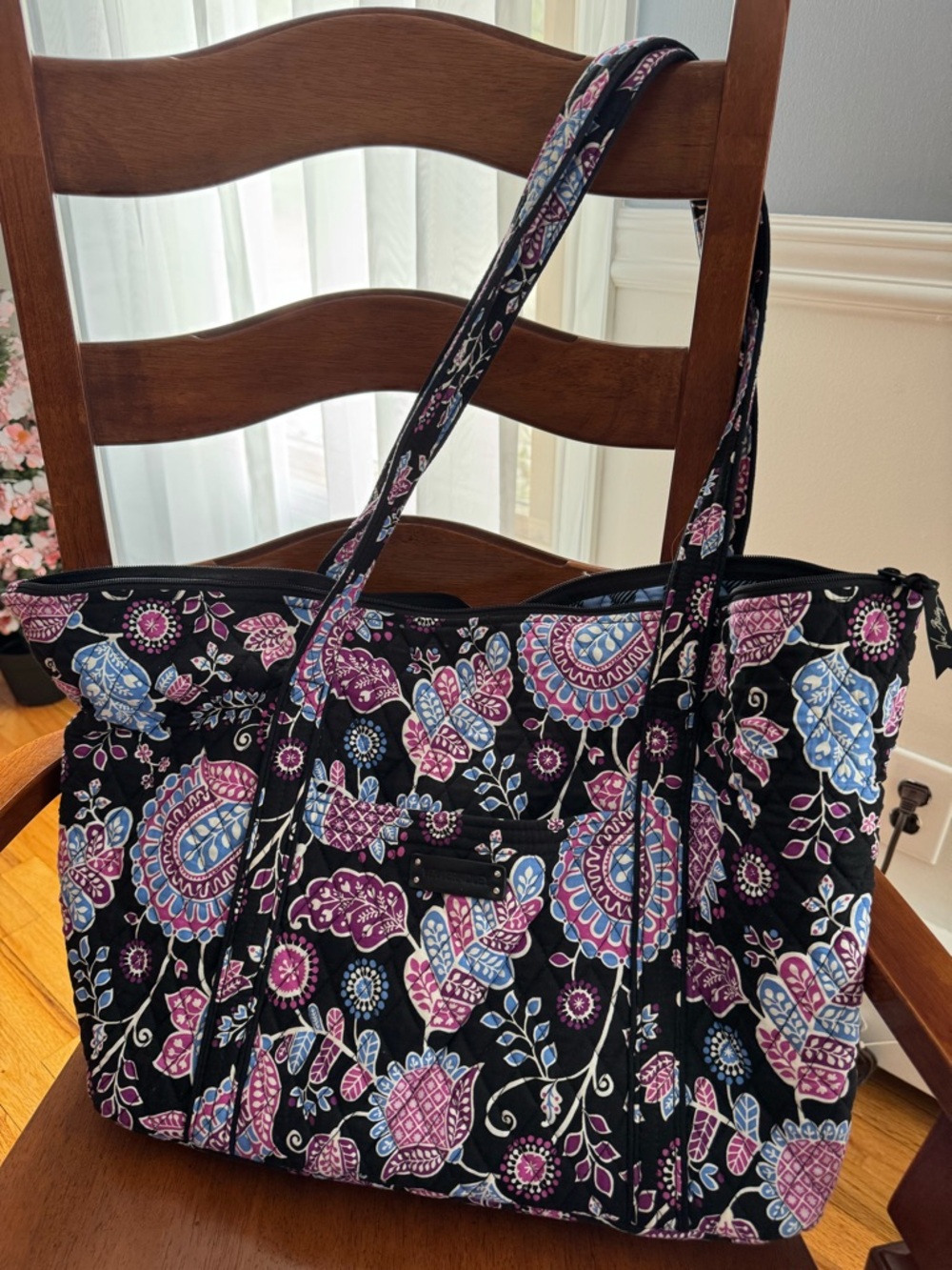 Quilted Floral Tote Bag in Black with Pink & Blue Accents perfect carry-on